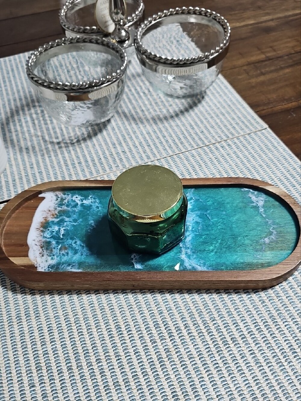 Teal Ocean Resin Acacia Wood Tray - Decorative Home Accent - Picture 4 of 11